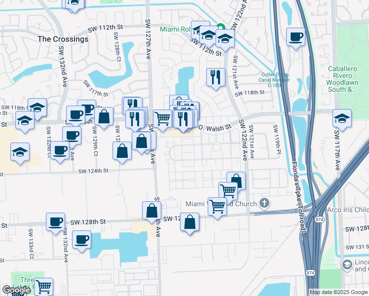 map of restaurants, bars, coffee shops, grocery stores, and more near 12494 Southwest 122nd Street in Miami
