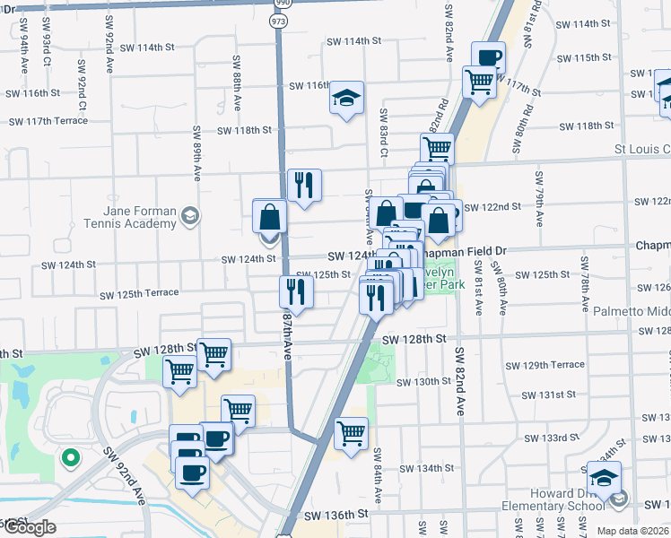 map of restaurants, bars, coffee shops, grocery stores, and more near 8565 Southwest 125th Street in Miami