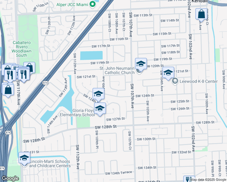 map of restaurants, bars, coffee shops, grocery stores, and more near 10820 Southwest 123rd Street in Miami