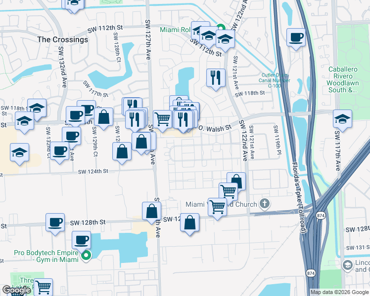 map of restaurants, bars, coffee shops, grocery stores, and more near 12494 Southwest 122nd Street in Miami