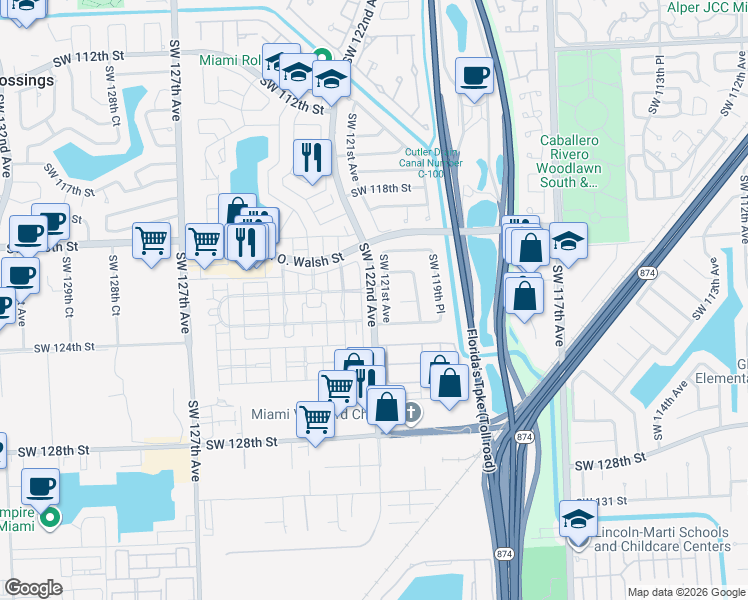 map of restaurants, bars, coffee shops, grocery stores, and more near 12210 Southwest 122nd Avenue in Miami