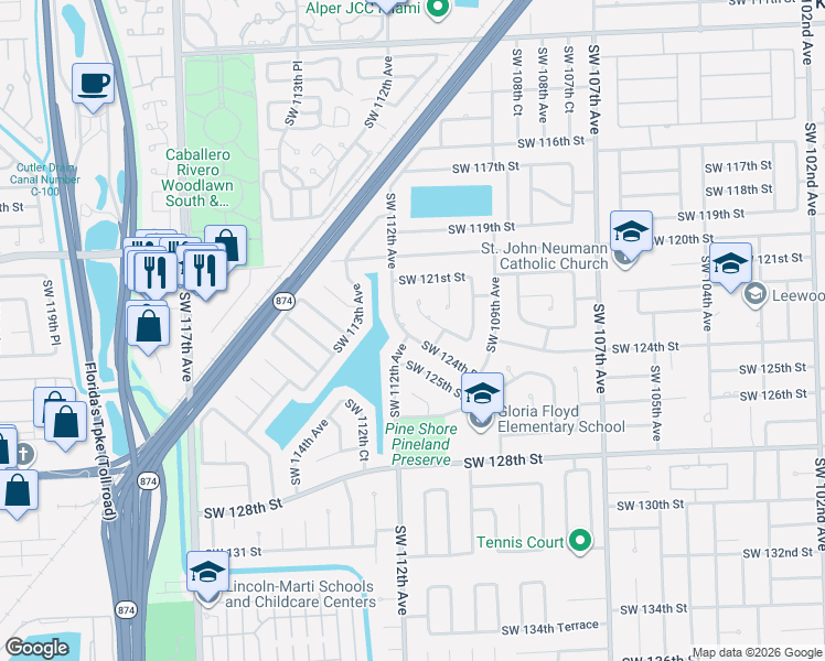 map of restaurants, bars, coffee shops, grocery stores, and more near 11103 Southwest 124th Road in Miami