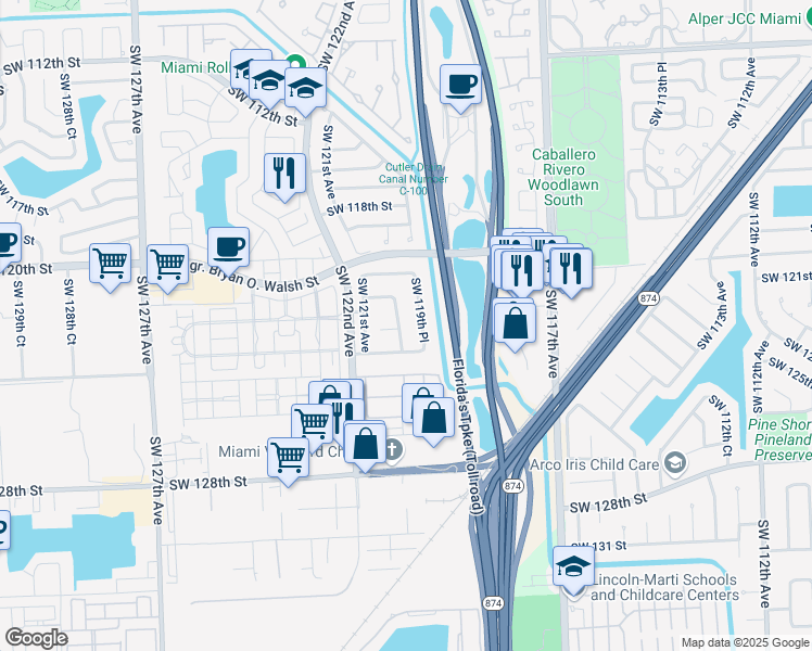 map of restaurants, bars, coffee shops, grocery stores, and more near 12221 Southwest 120th Avenue in Miami