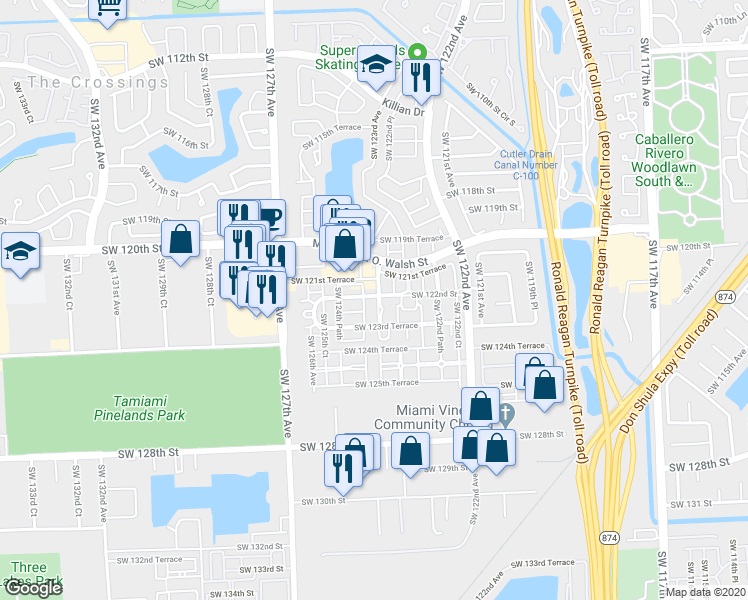 map of restaurants, bars, coffee shops, grocery stores, and more near 12200 Southwest 123rd Pass in Miami