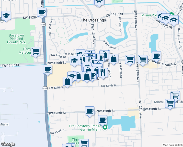 map of restaurants, bars, coffee shops, grocery stores, and more near 12225 Southwest 132nd Court in Miami