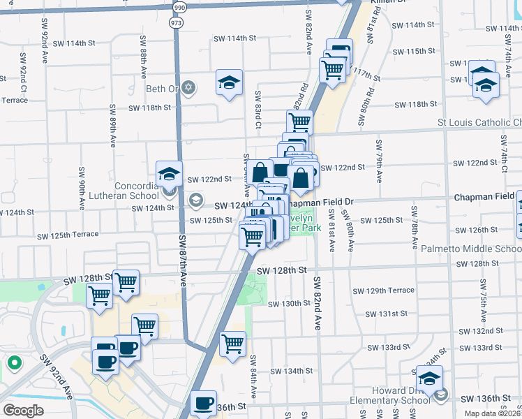 map of restaurants, bars, coffee shops, grocery stores, and more near 8382 Southwest 124th Street in Miami