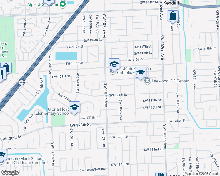 map of restaurants, bars, coffee shops, grocery stores, and more near 12351 Southwest 107th Avenue in Miami
