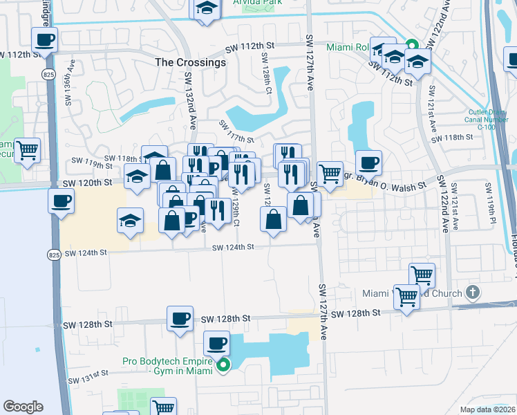 map of restaurants, bars, coffee shops, grocery stores, and more near 12240 Southwest 128th Court in Miami
