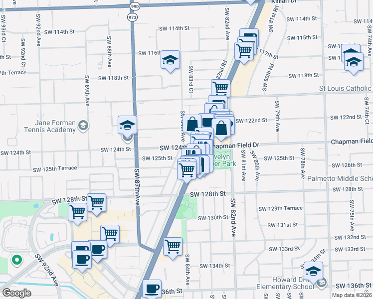 map of restaurants, bars, coffee shops, grocery stores, and more near 8382 Southwest 124th Street in Miami