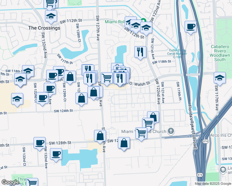 map of restaurants, bars, coffee shops, grocery stores, and more near 12494 Southwest 122nd Street in Miami