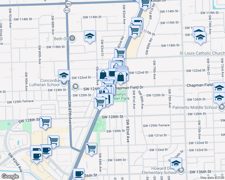 map of restaurants, bars, coffee shops, grocery stores, and more near 8200 Southwest 124th Street in Pinecrest