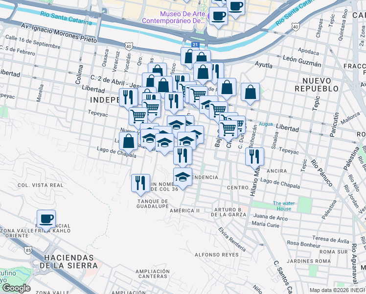 map of restaurants, bars, coffee shops, grocery stores, and more near 1000 Nuevo Leon in Monterrey