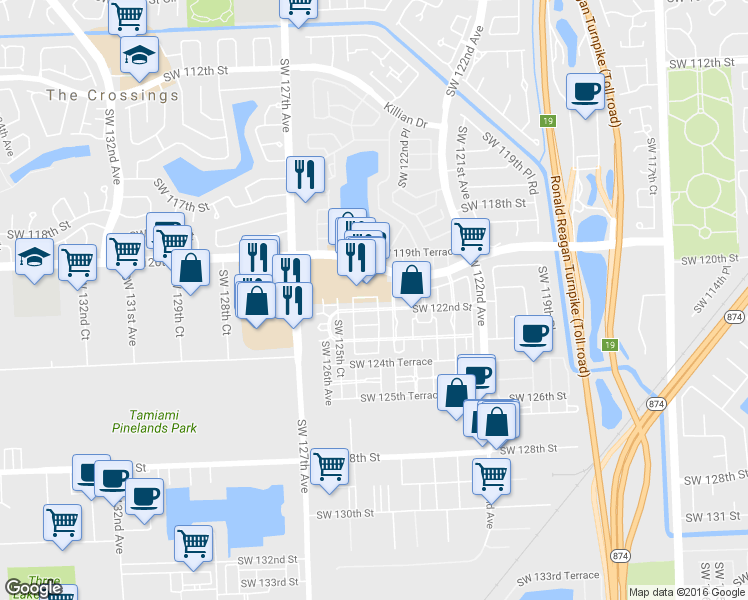 map of restaurants, bars, coffee shops, grocery stores, and more near 12220 Southwest 123rd Pass in Miami