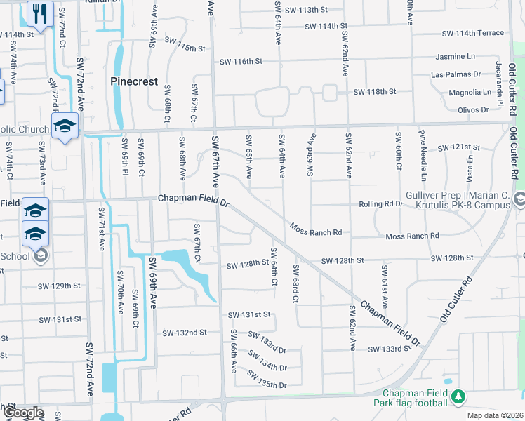 map of restaurants, bars, coffee shops, grocery stores, and more near 6455 Chapman Field Drive in Pinecrest