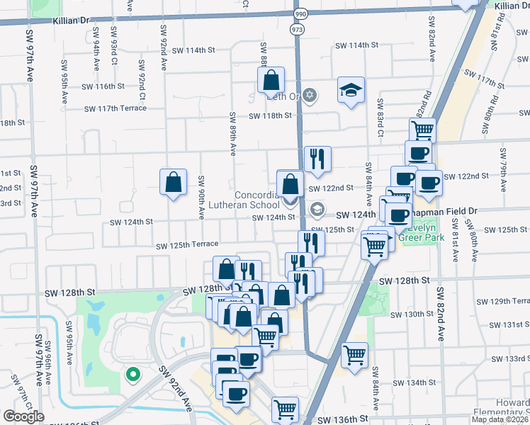 map of restaurants, bars, coffee shops, grocery stores, and more near 12425 Southwest 88th Court in Miami