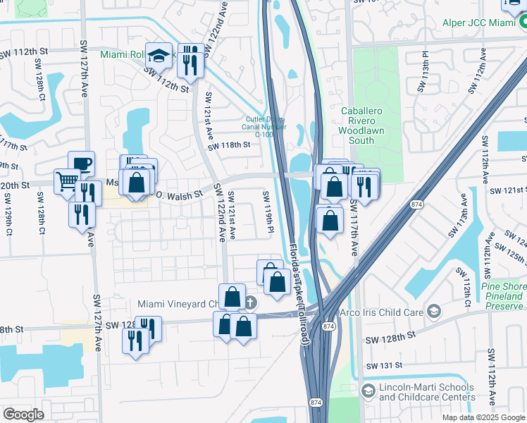 map of restaurants, bars, coffee shops, grocery stores, and more near 12221 Southwest 120th Avenue in Miami