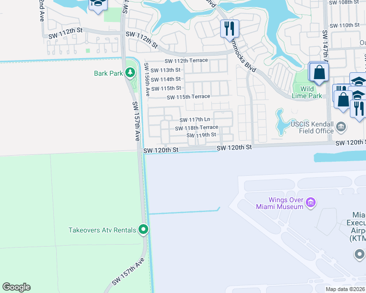 map of restaurants, bars, coffee shops, grocery stores, and more near 15444 Southwest 119th Terrace in Miami