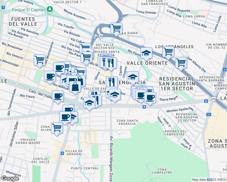 map of restaurants, bars, coffee shops, grocery stores, and more near 335 Avenida Ricardo Margain Zozaya in San Pedro Garza García