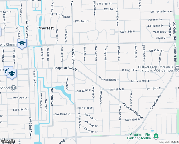 map of restaurants, bars, coffee shops, grocery stores, and more near 6455 Chapman Field Drive in Pinecrest