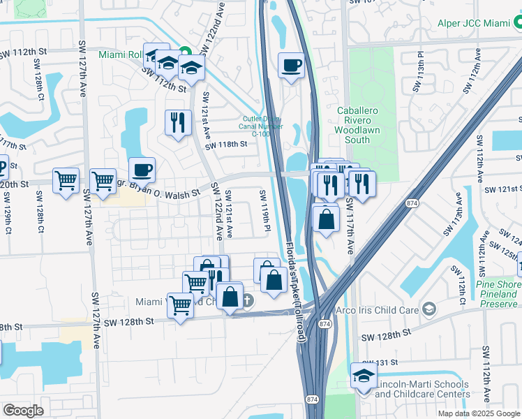 map of restaurants, bars, coffee shops, grocery stores, and more near 12221 Southwest 120th Avenue in Miami
