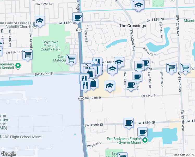 map of restaurants, bars, coffee shops, grocery stores, and more near 13440 Southwest 120th Street in Miami