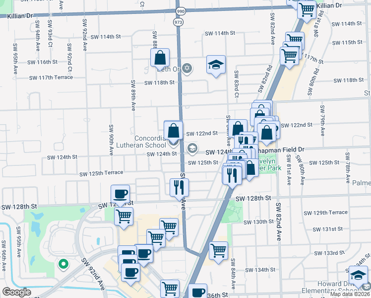 map of restaurants, bars, coffee shops, grocery stores, and more near 8651 Southwest 123rd Street in Miami