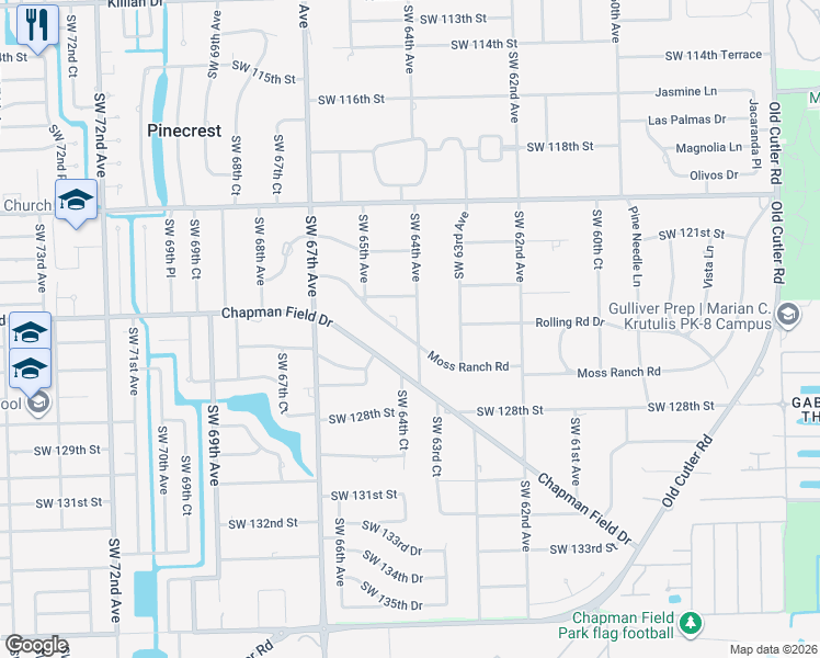 map of restaurants, bars, coffee shops, grocery stores, and more near 12370 Southwest 64th Avenue in Miami