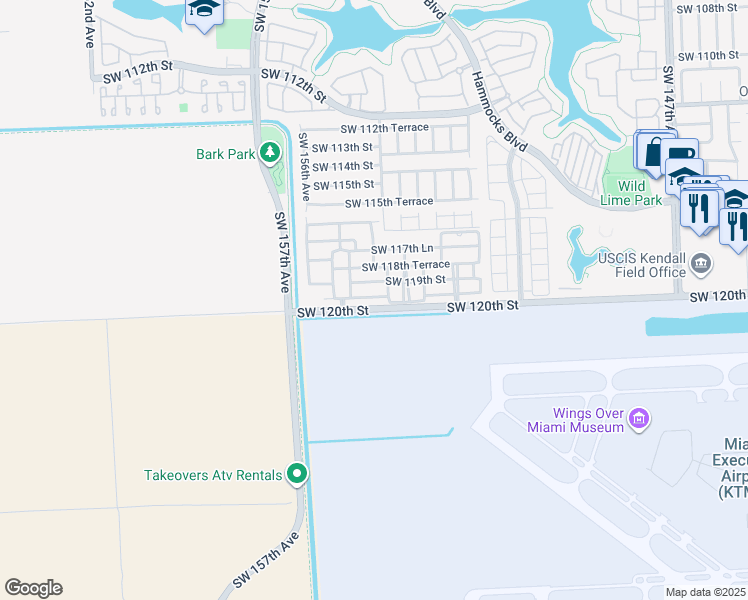 map of restaurants, bars, coffee shops, grocery stores, and more near 15438 Southwest 119th Street in Miami