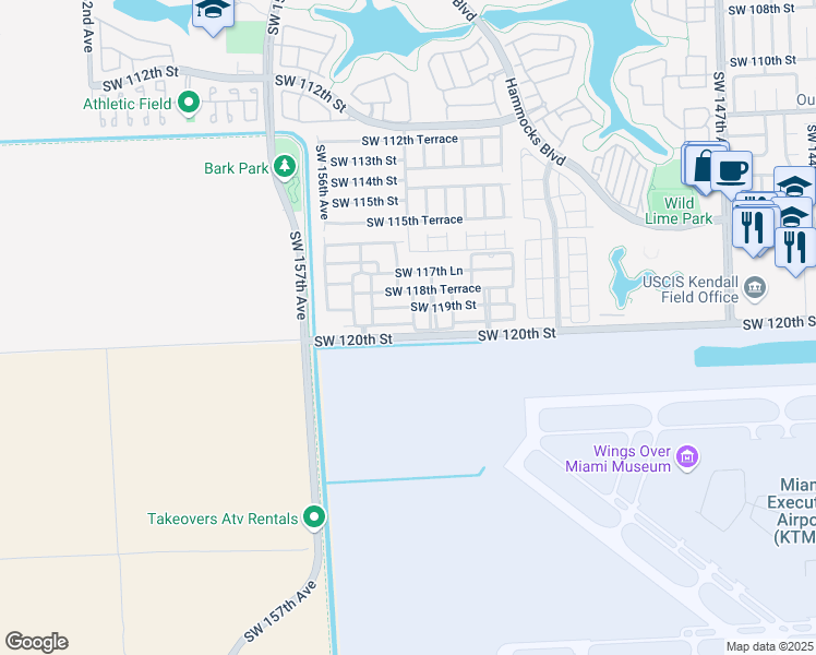 map of restaurants, bars, coffee shops, grocery stores, and more near 15420 Southwest 119th Terrace in Miami