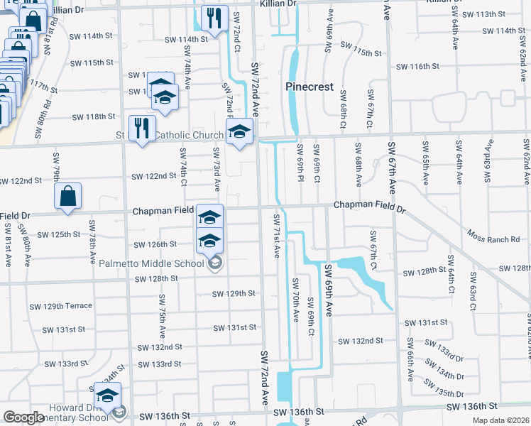 map of restaurants, bars, coffee shops, grocery stores, and more near 7199 Southwest 124th Street in Miami