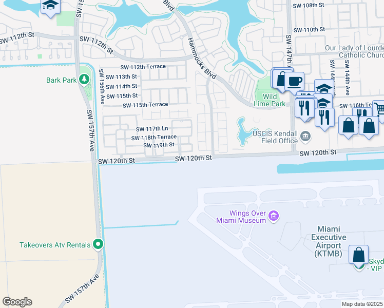 map of restaurants, bars, coffee shops, grocery stores, and more near 15208 Southwest 119th Street in Miami