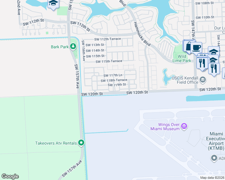 map of restaurants, bars, coffee shops, grocery stores, and more near 11917 Southwest 153rd Avenue in Miami