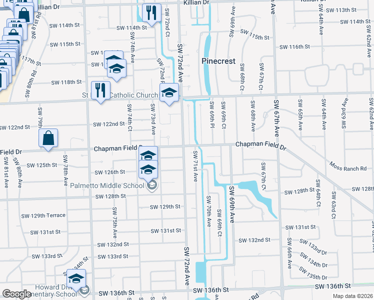 map of restaurants, bars, coffee shops, grocery stores, and more near 7199 Southwest 124th Street in Miami