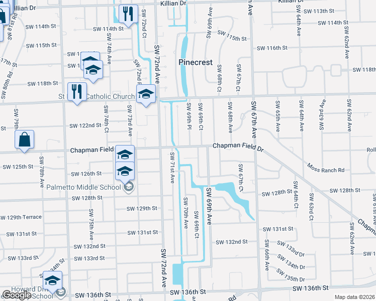map of restaurants, bars, coffee shops, grocery stores, and more near 12375 Southwest 69th Place in Pinecrest