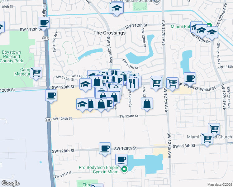 map of restaurants, bars, coffee shops, grocery stores, and more near 13016 Southwest 120th Street in Miami