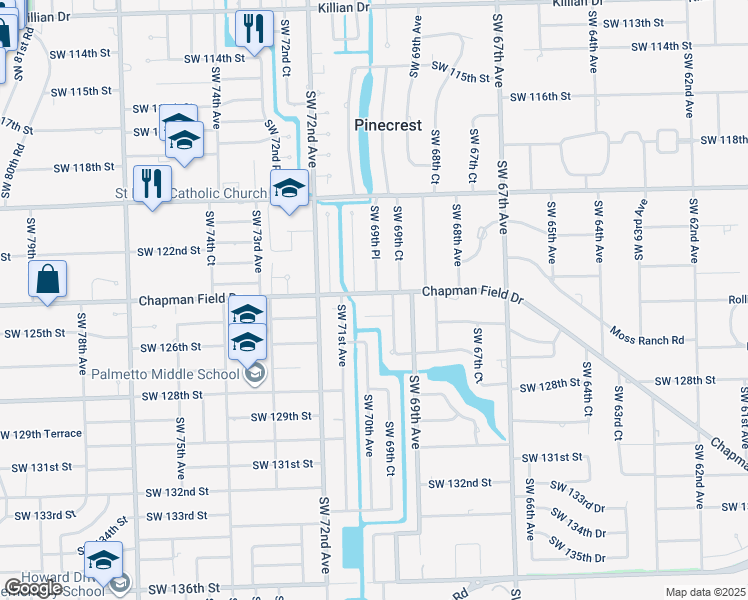 map of restaurants, bars, coffee shops, grocery stores, and more near 12375 Southwest 69th Place in Pinecrest