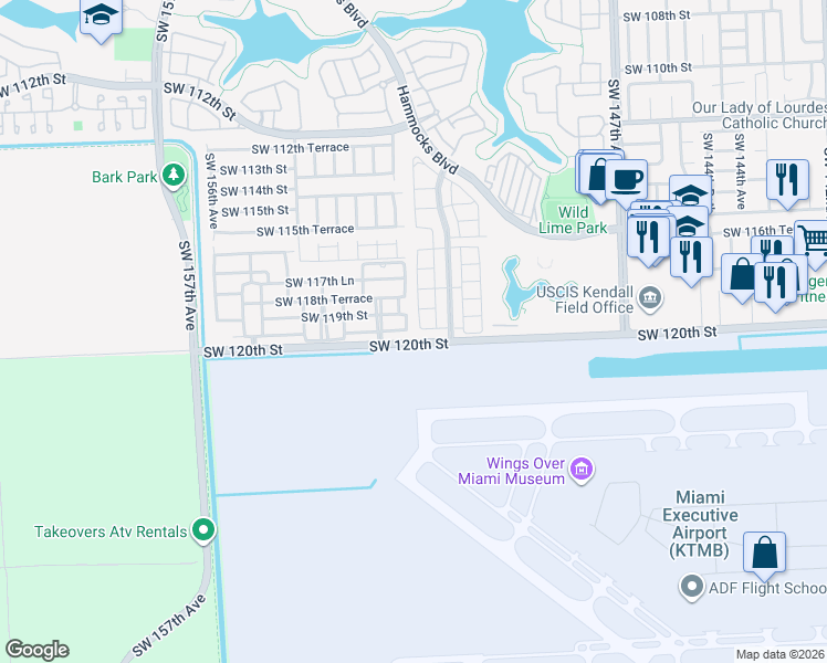 map of restaurants, bars, coffee shops, grocery stores, and more near 15208 Southwest 119th Street in Miami