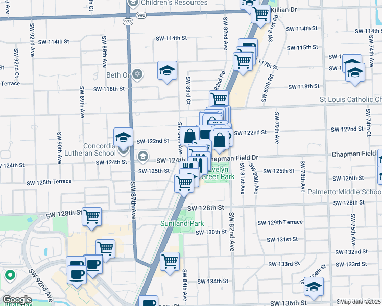 map of restaurants, bars, coffee shops, grocery stores, and more near 8370 Southwest 122nd Street in Miami