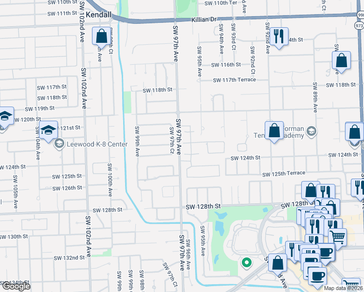 map of restaurants, bars, coffee shops, grocery stores, and more near 9661 Southwest 123rd Street in Miami