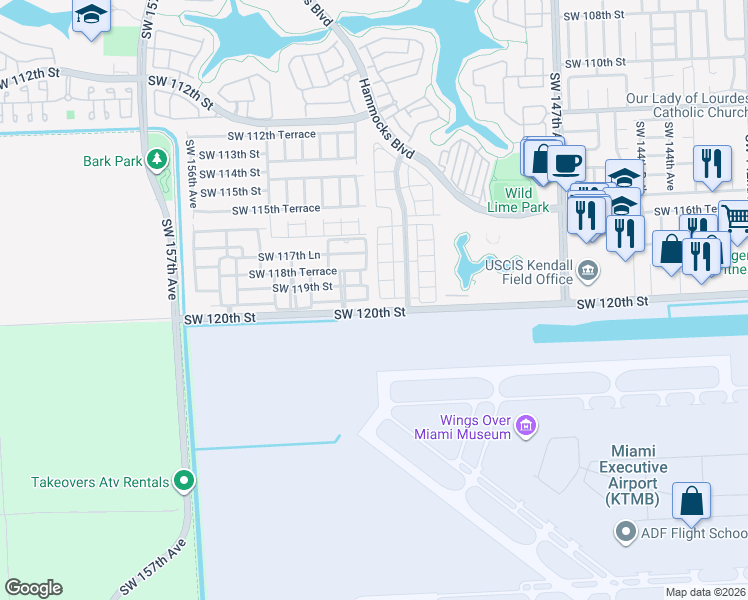 map of restaurants, bars, coffee shops, grocery stores, and more near 15208 Southwest 119th Street in Miami