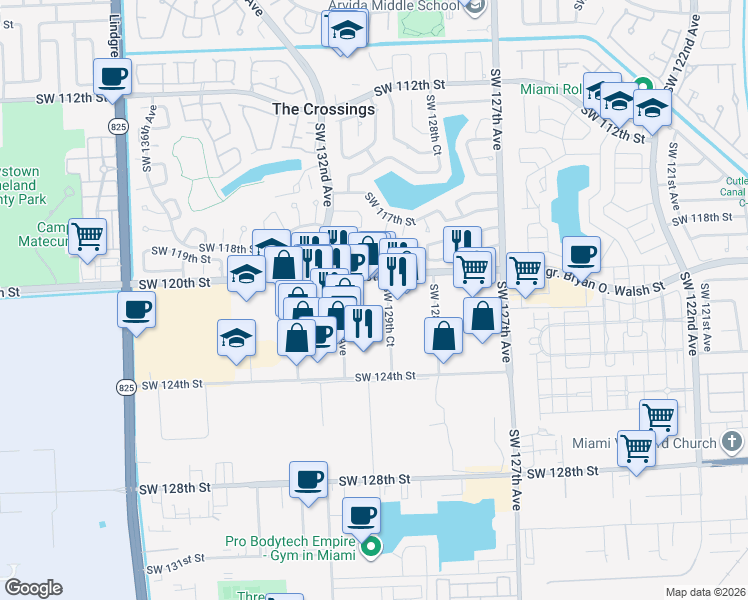map of restaurants, bars, coffee shops, grocery stores, and more near 12009 Southwest 129th Court in Miami