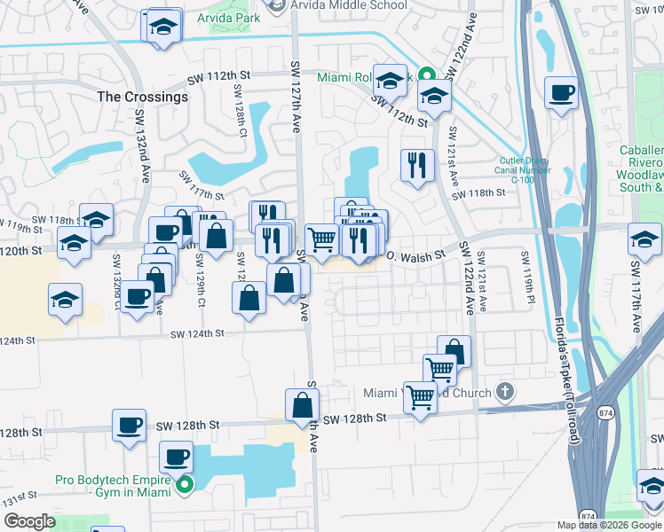 map of restaurants, bars, coffee shops, grocery stores, and more near 12175-12185 Southwest 121st Street in Miami