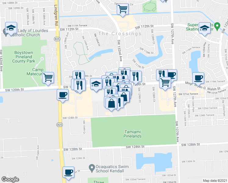 map of restaurants, bars, coffee shops, grocery stores, and more near 12000 Southwest 131st Avenue in Miami