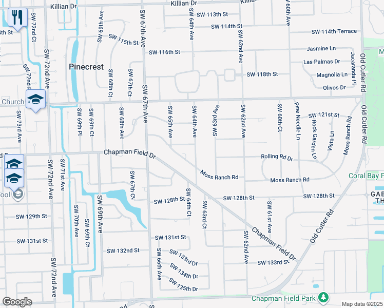 map of restaurants, bars, coffee shops, grocery stores, and more near 12370 Southwest 64th Avenue in Miami