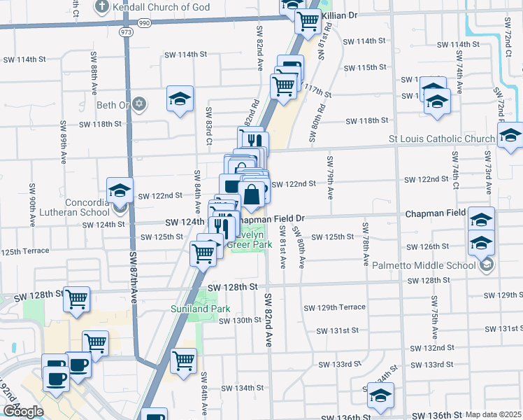map of restaurants, bars, coffee shops, grocery stores, and more near 12368 Southwest 82nd Avenue in Pinecrest