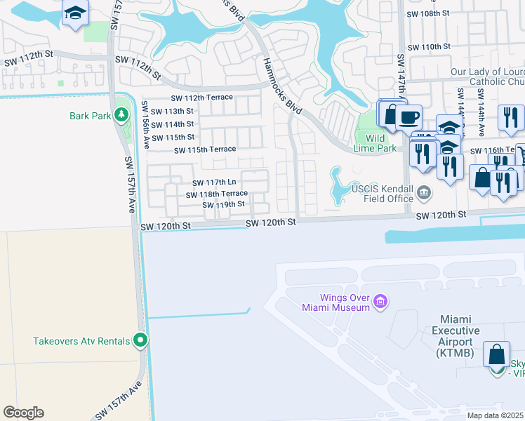 map of restaurants, bars, coffee shops, grocery stores, and more near 15225 Southwest 119th Terrace in Miami