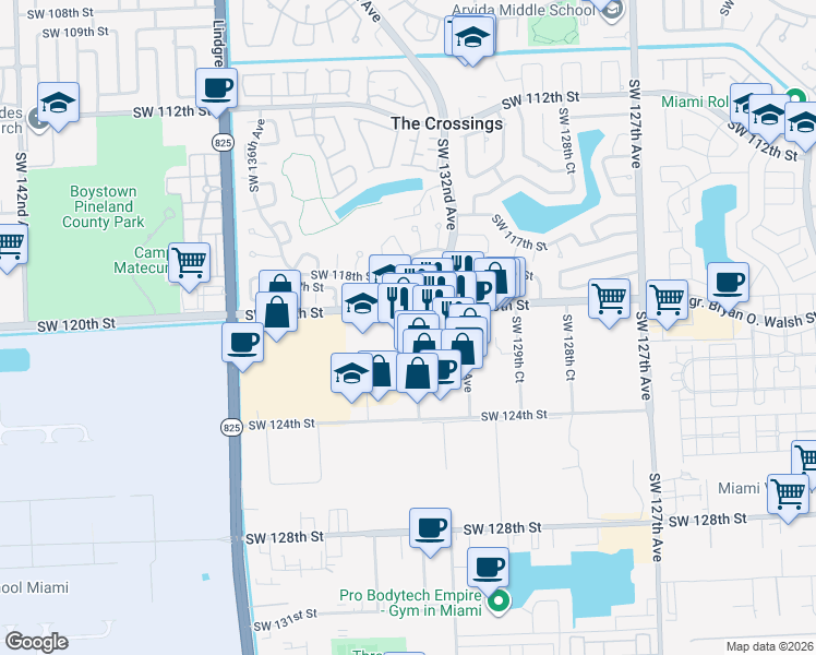 map of restaurants, bars, coffee shops, grocery stores, and more near 13280 Southwest 132nd Court in Miami