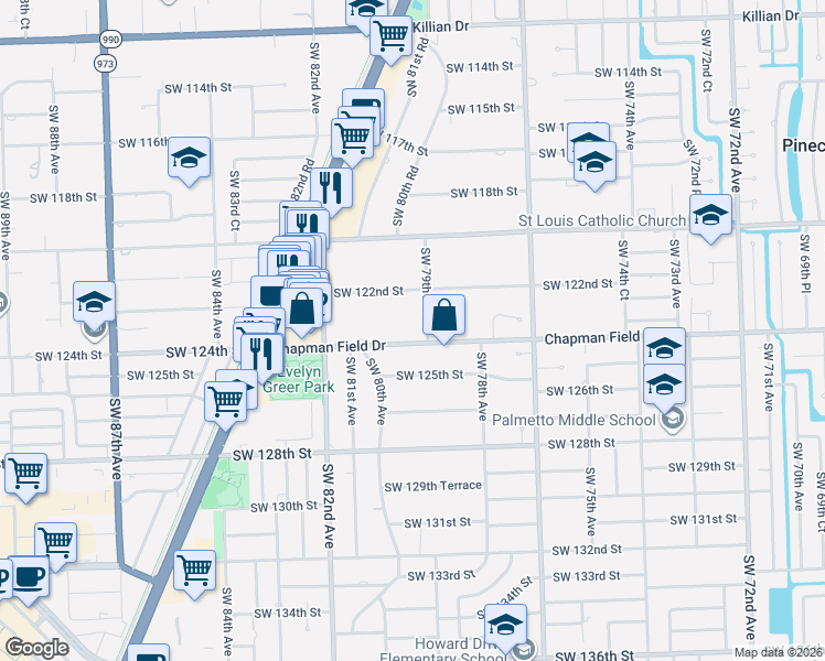 map of restaurants, bars, coffee shops, grocery stores, and more near 7951 Southwest 124th Street in Miami