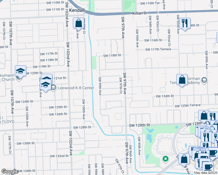 map of restaurants, bars, coffee shops, grocery stores, and more near 9821 Southwest 123rd Street in Miami