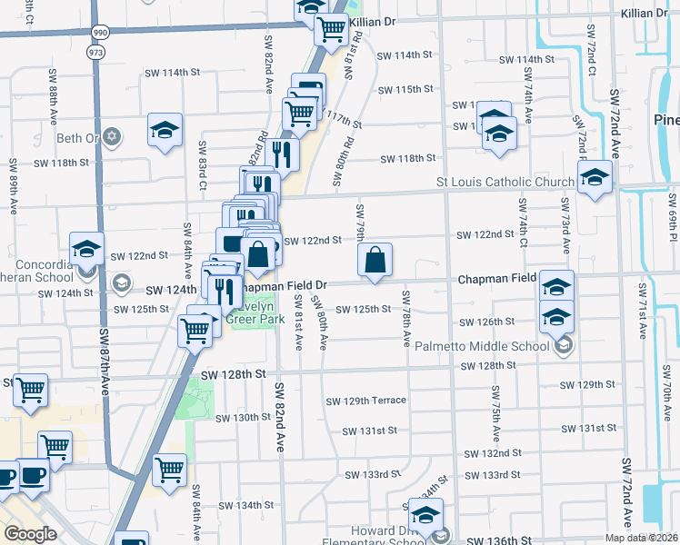 map of restaurants, bars, coffee shops, grocery stores, and more near 7951 Southwest 124th Street in Miami